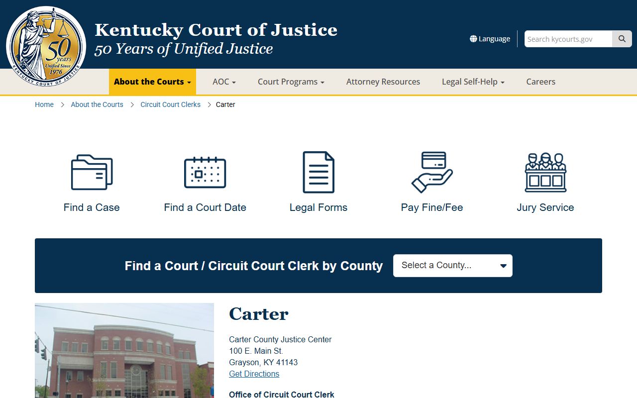 Carter County court records page on the Kentucky Court of Justice site