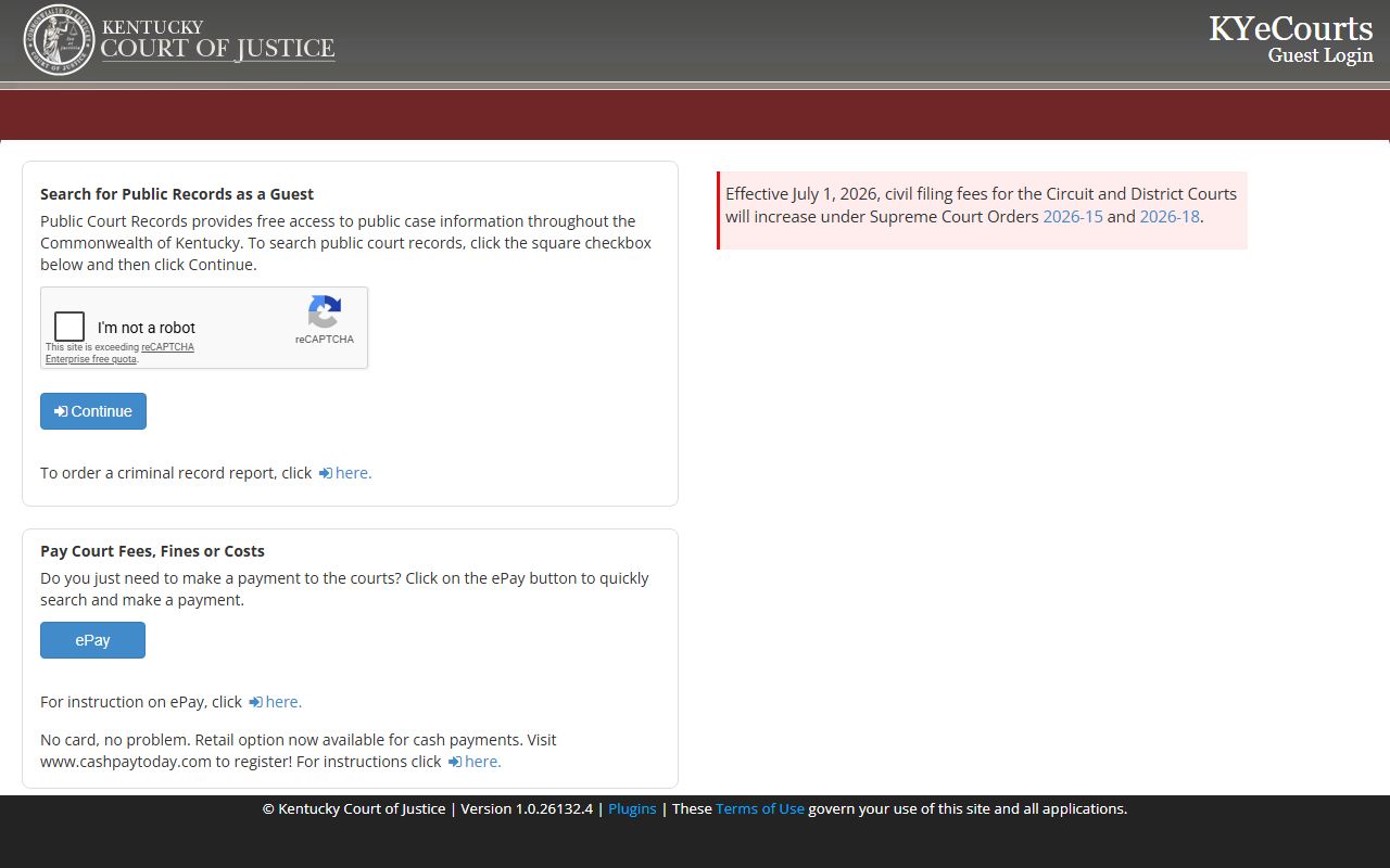 Carter County court records KYeCourts guest login search screen